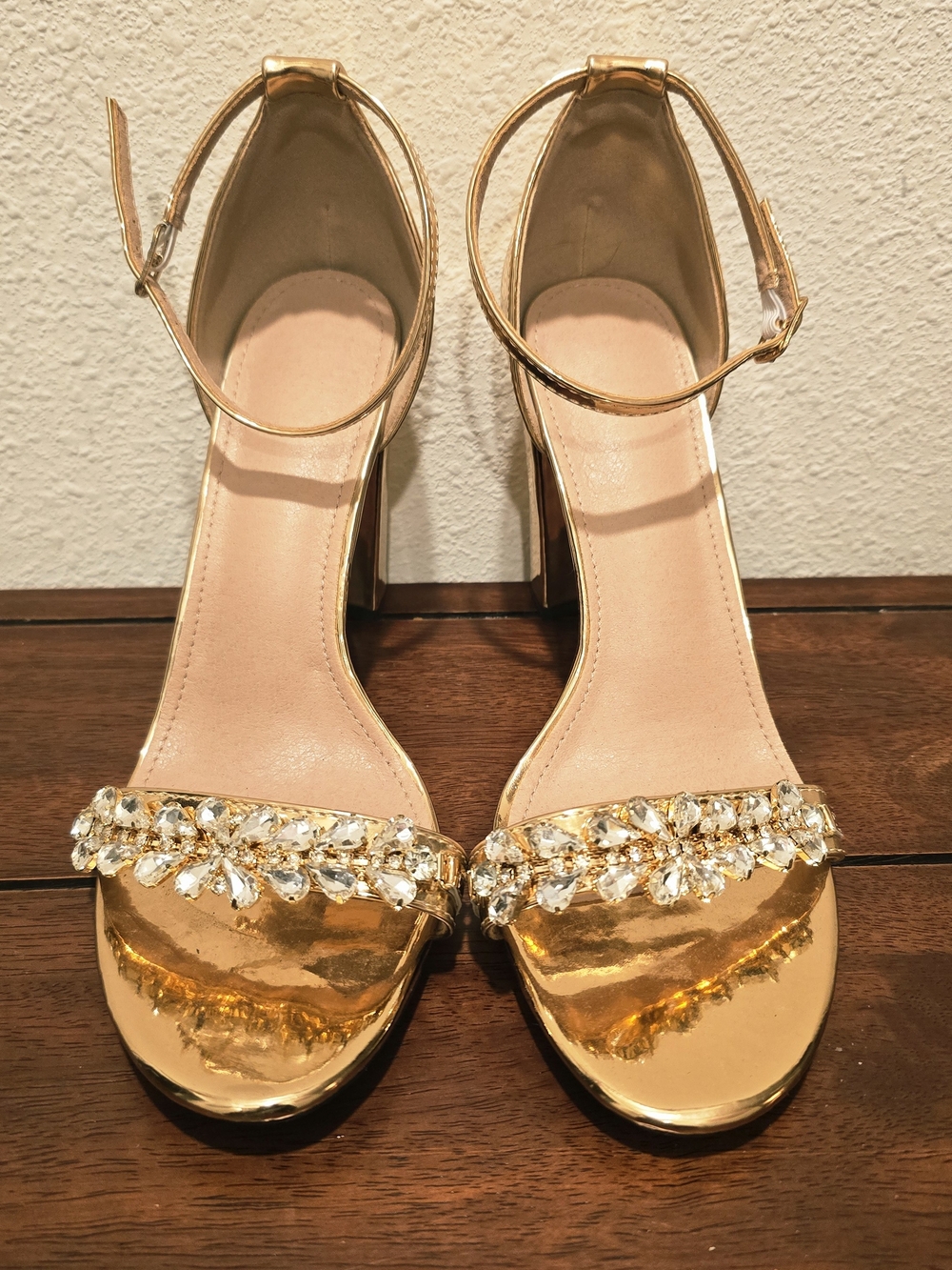Rose Gold Crystal Ankle-Strap Block Heel Sandals - Women